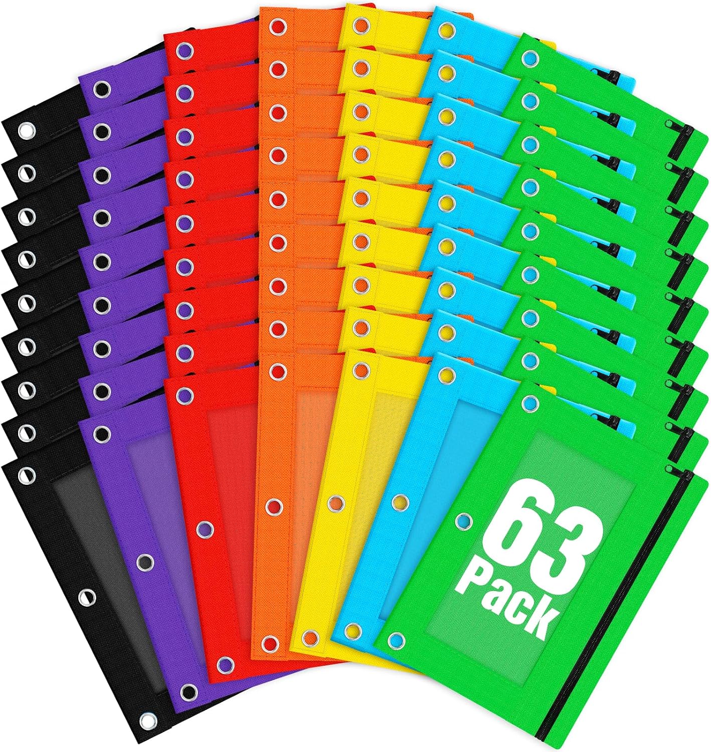 Officygnet 63 Pcs Pencil Pouch for 3 Ring Binder, Bulk Pencil Case Pouch with Clear Window, Pencil Bags with Smooth Zipper, Pencil Pouch for School Office Classroom Supplies7 Color