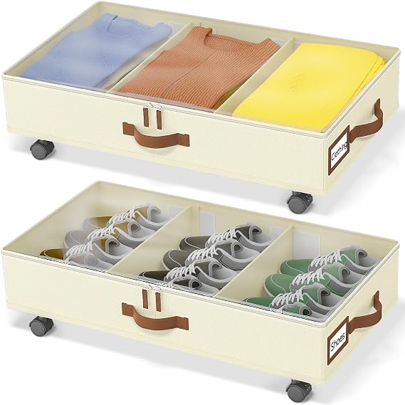 GoMaihe Under Bed Storage with Wheels & Lids: 2024 Upgraded Leather Handle - Rolling Under Bed Storage Containers, Extra Large Storage Drawers for Bedroom/Dorm Clothes Shoes, Beige, Pack of 2