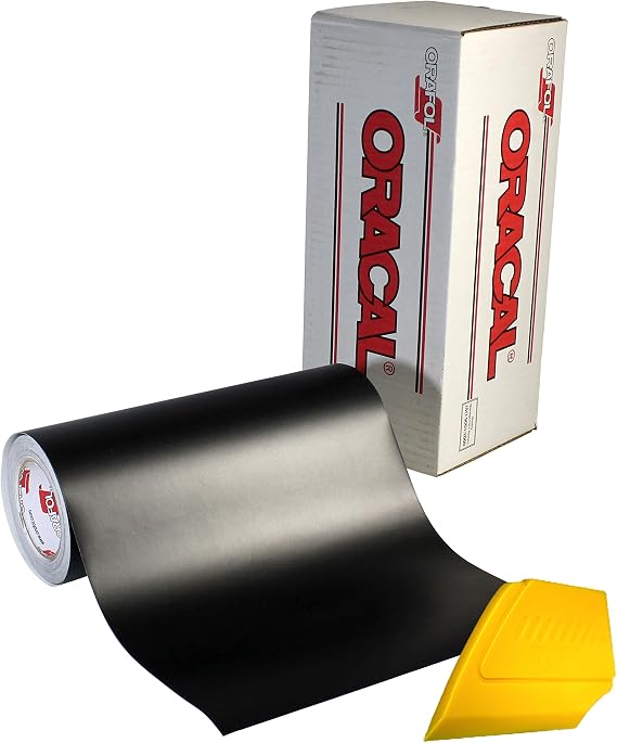 Oracal 651 12" x 30ft Matte Vinyl Choose Color Solvent-Based Adhesive-Backed Calendared Wrap Decals w/VViViD Yellow Multi-Purpose Squeegee (Matte Black)