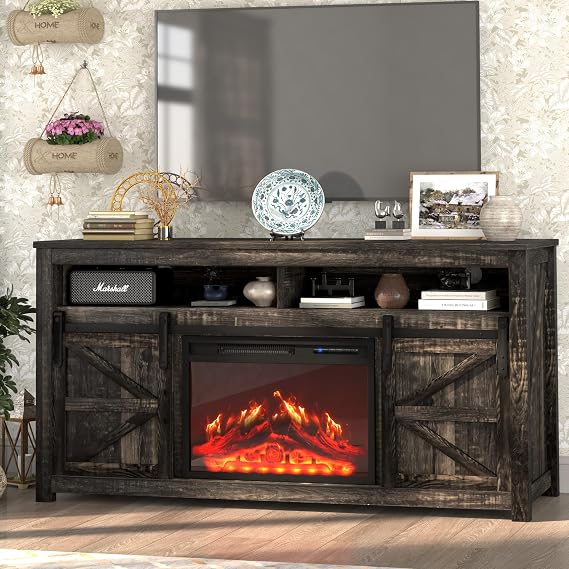 Farmhouse TV Stand with Fireplace for TVs Up to 70" with Storage and Sliding Barn Doors,Entertainment Center with Electric Fireplace Includes 12 Color Lights for Living Room,Dark Rustic Oak