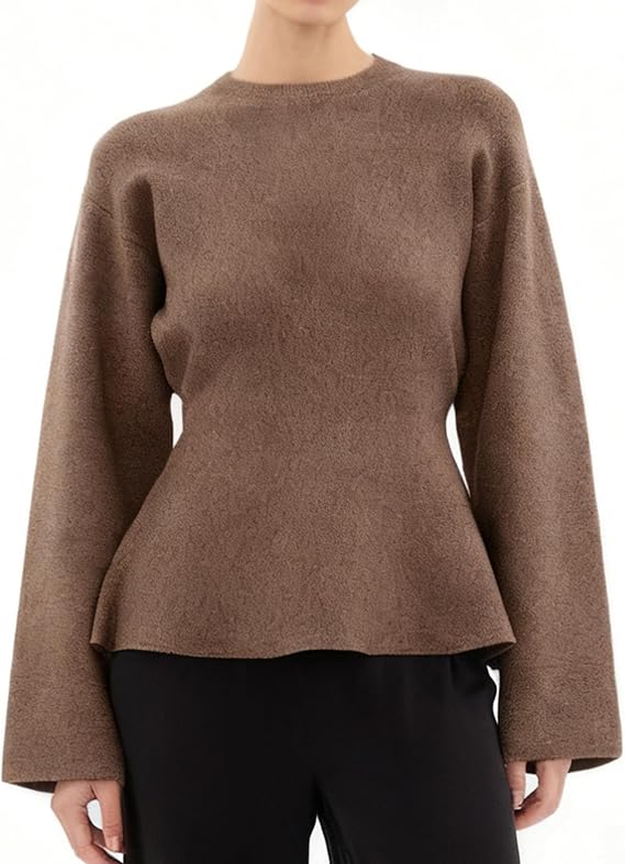 Women's Peplum Hem Sweater Long Sleeve Self Tie Belted Loose Crew Neck Knit Pullover Jumper
