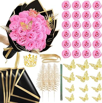 DIY Glitter Roses Bouquet 24Pcs - Hot Pink Artificial Glitter Rose with Stems Wrapping Paper 3D Butterflies Crowns for Graduations Anniversary Birthday Mother's Day, for Her