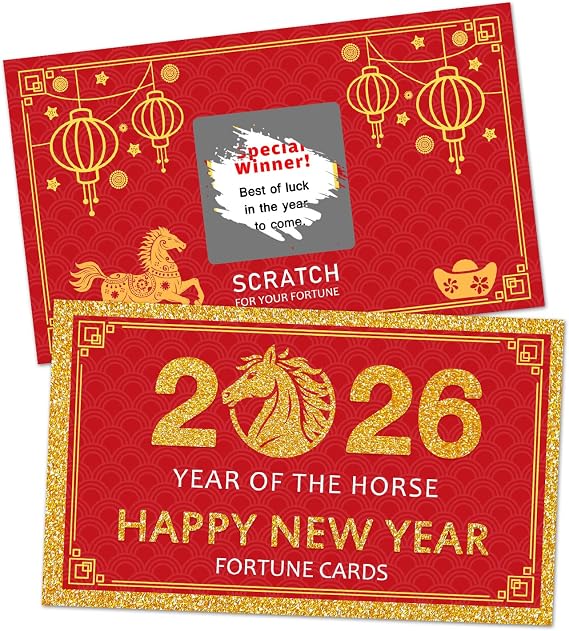Yangmics Direct Chinese New Year - 2026 Year of The Horse Party Scratch Off Fortune Cards - 30 Count-Style Scratch Off Fortune Card-Families Reunion Game -Chinese Elements Lucky Blessing Cards
