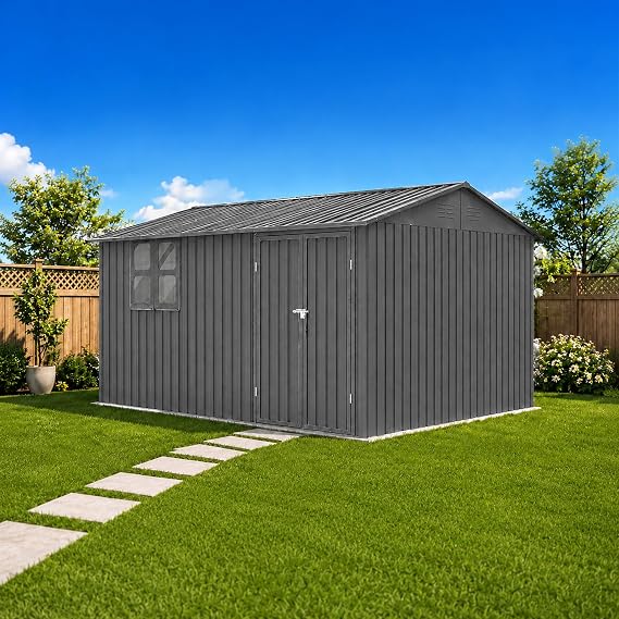 10x12 FT Outdoor Storage Shed, Large Metal Garden Shed with Window & Hinged Door, Upgraded Outside Tool Shed with Foldable Worktable & 2 Shelves, Waterproof Storage Building for Backyard, Gray