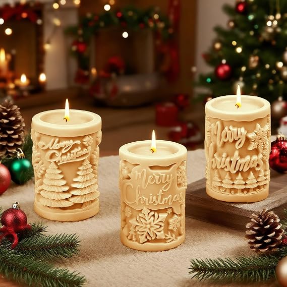 3 PCS Merry Christmas Candle Silicone Molds, Xmas Snowflake Tree Pillar Candle Moulds for Candle Making, Resin Casting Mold for DIY Handmade Soap & Gypsum, Perfect for Home Decor Christmas Gift