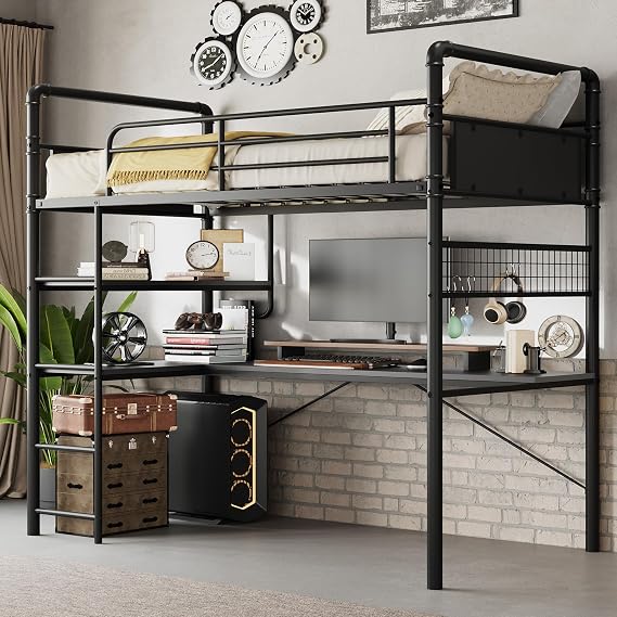 GarveeHome Loft Bunk Bed with L-Shaped Desk, Industrial Twin Loft Bed,Black
