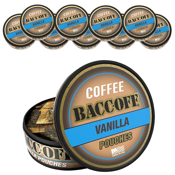 10 Cans, BaccOff Vanilla Coffee Pouches, 50 MG of Caffeine Per Serving, Natural Vanilla Bean Flavor, Coffee and Cream Flavors, 16 Pouches Per Can