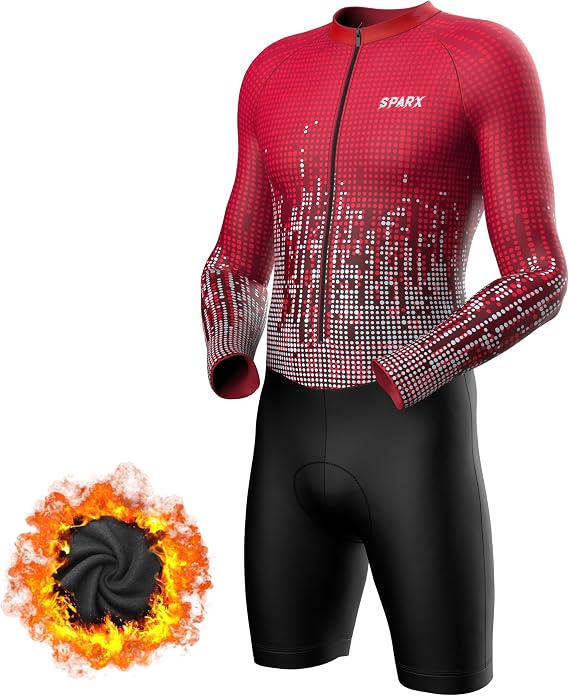 Sparx Long Sleeve Winter Cycling Thermal Skinsuit Pro Team Bicycle Suit Bike Racing Suit Cycle Kit 3D Pad (Burgundy, S)