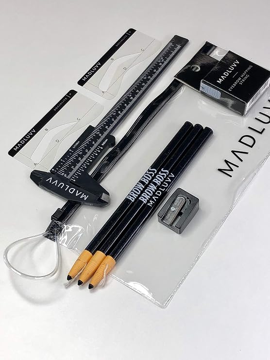 MADLUVV Brow Mapping Kit for Professional Brow Artists to Create the Perfect Brow: Eyebrow Stencils, Mapping Pencils with Sharpener, Pre-Inked Mapping String, and Madluvv Eyebrow Caliper