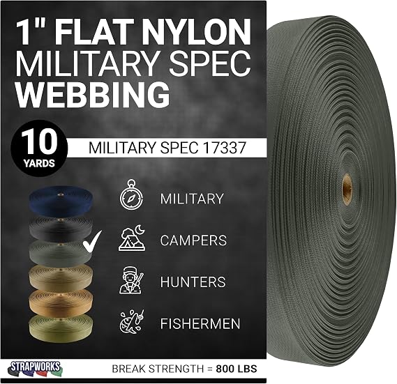Strapworks Military Spec Flat Nylon Webbing MilSpec 17337 Strap For Slings, Backpack Straps, Tactical Projects, 1 Inch x 10 Yards, 6 Colors