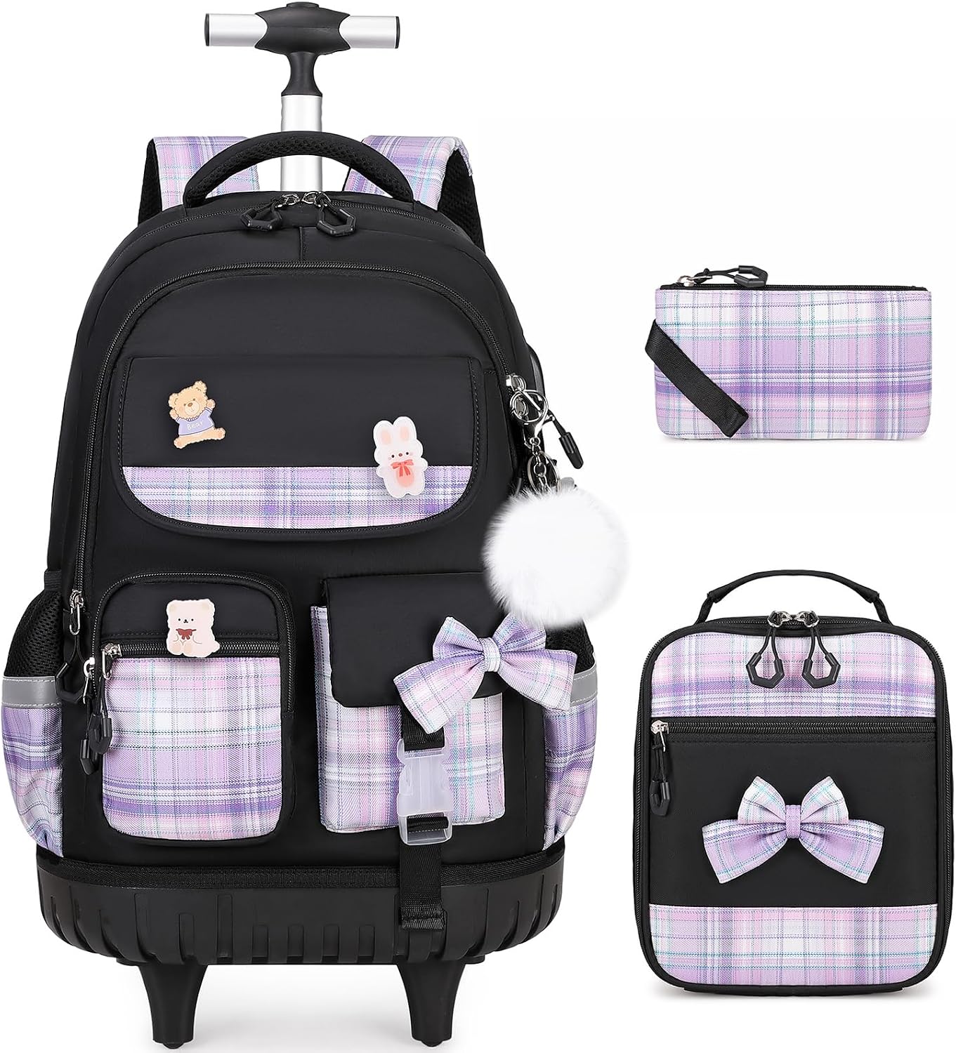 Rolling Backpack for Girls - Roller Wheels School bag with Lunch Bag & Pencil Pouch for Teen Girls Kids Wheeled Suitcase Backpacks, Elementary Middle School Travel Daypack Black Purple