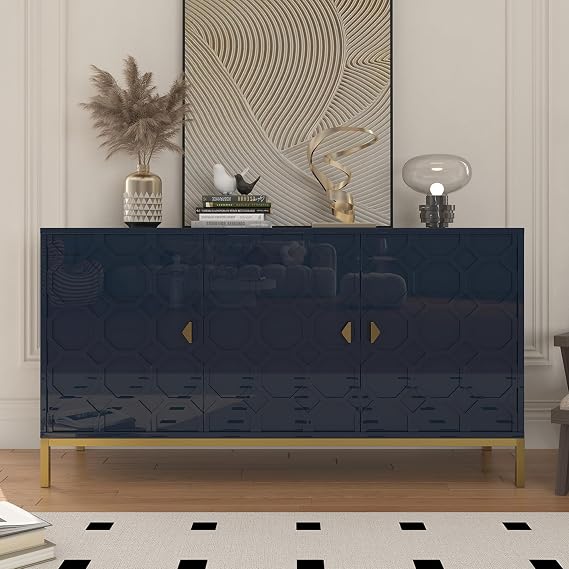 3 Door Sideboard Storage Cabinet, Buffet Cabinet with Adjustable Shelf, Blue