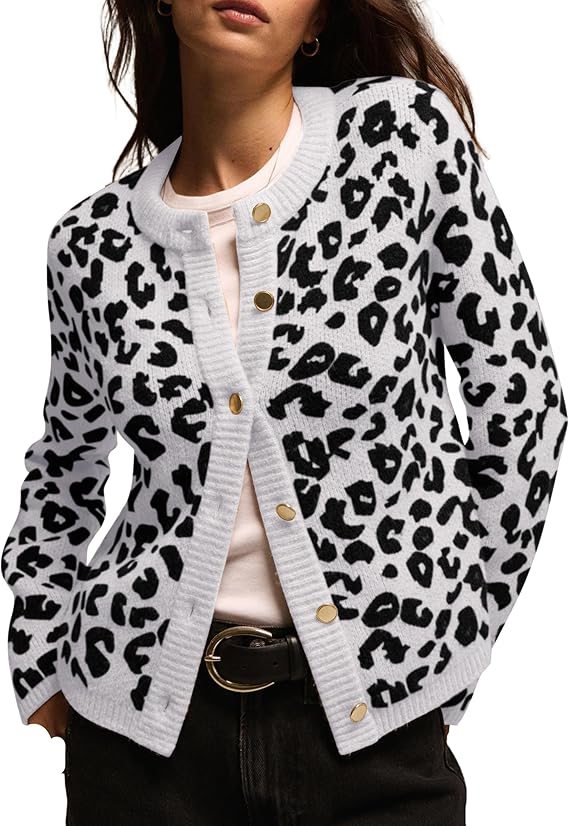 Leopard Cardigan for Women Cheetah Print Sweaters Open Front Cardigan Long Sleeve Golden Button Sweater Jacket