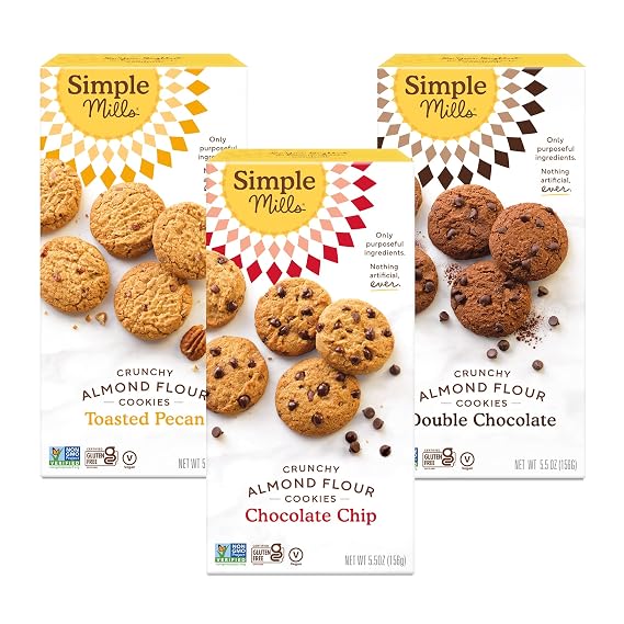 Simple Mills, Cookies Variety Pack, Chocolate Chip, Double Chocolate Chip, Toasted Pecan Variety Pack, 3 Count (Packaging May Vary)
