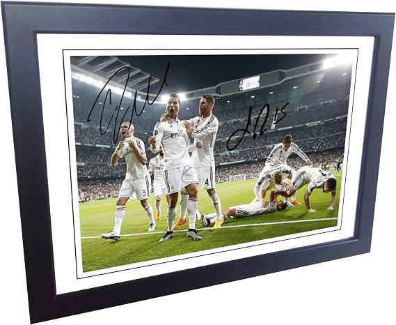 Signed 12x8 Black Soccer Cristiano Ronaldo Sergio Ramos Real Madrid Autographed Photo Photograph Football Picture Frame Gift A4