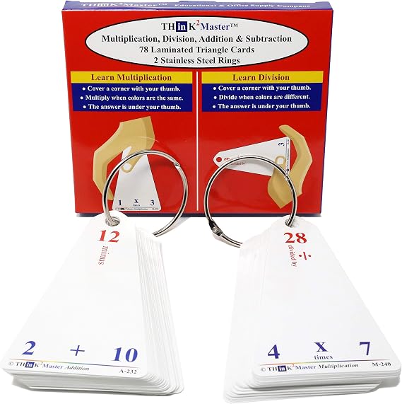Think2Master Premium Laminated Multiplication Division Addition & Subtraction Triangle Flash Cards | 78 Dry Erasable Flashcards. Includes 2 Rings.