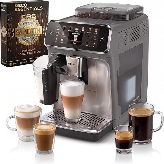 PHILIPS 5500 Series Fully Automatic Espresso Machine with LatteGo, 20 Hot & Iced Drinks, SilentBrew, 100% Ceramic Grinder, Touch Display, AquaClean Filter + Deco Essentials CPS 2 Year Protection Plan