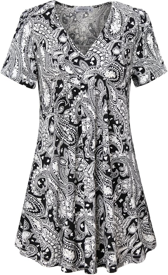 MOQIVGI Womens V Neck Printed Loose Fit Casual Blouse Top Tunic Shirt