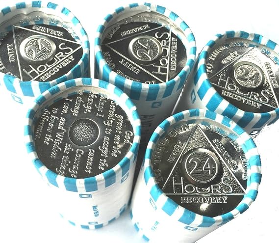 125 Chips 5 Rolls -125 AA Tokens/Medallions 24 Hour Aluminum Chips/Tokens Commemorative Medallion