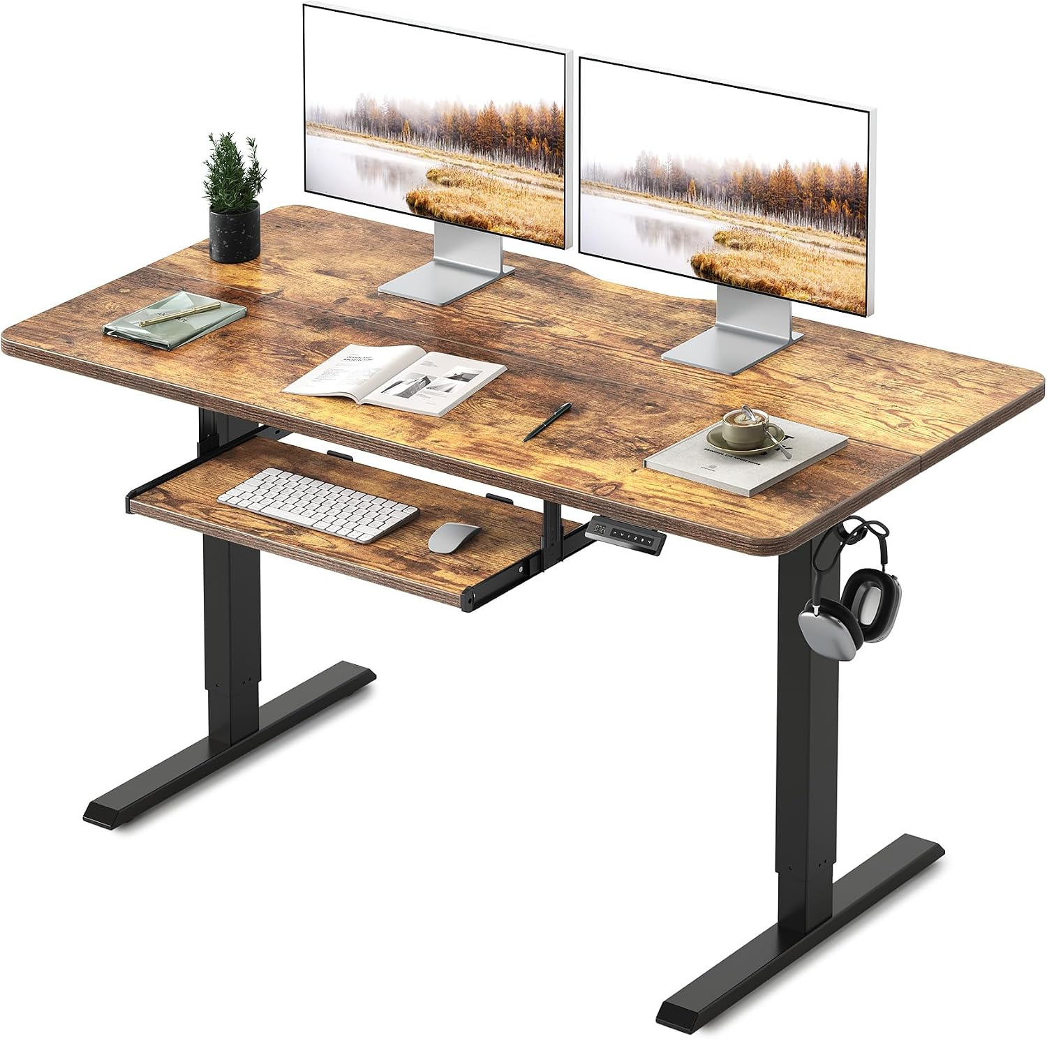 FEZIBO Height Adjustable Electric Standing Desk with Keyboard Tray, 140 x 60 cm Sit Stand up Desk with Splice Board, Black FrameRustic Brown Top
