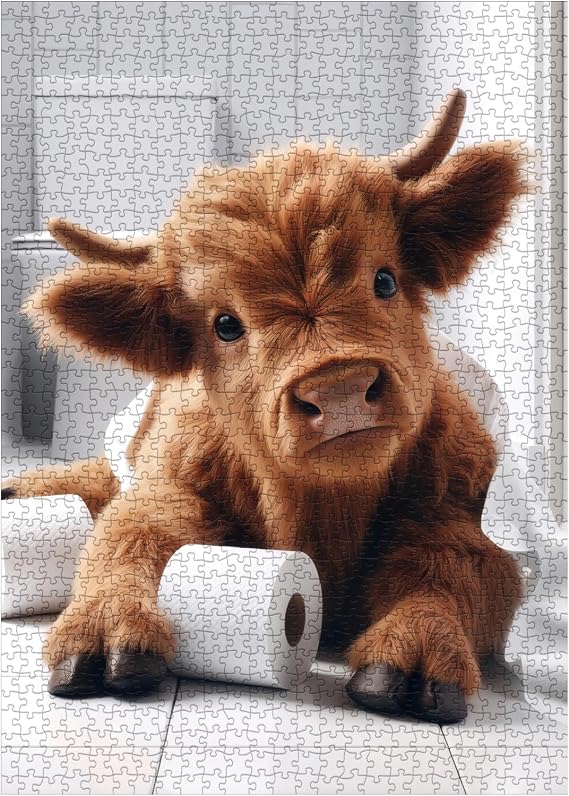 Funny Highland Cow Animal Bathroom Puzzles for Adults 1000 Pieces | Cute Cattle Jigsaw Puzzle, Art Challenging Toilet Paper Calf Puzzle