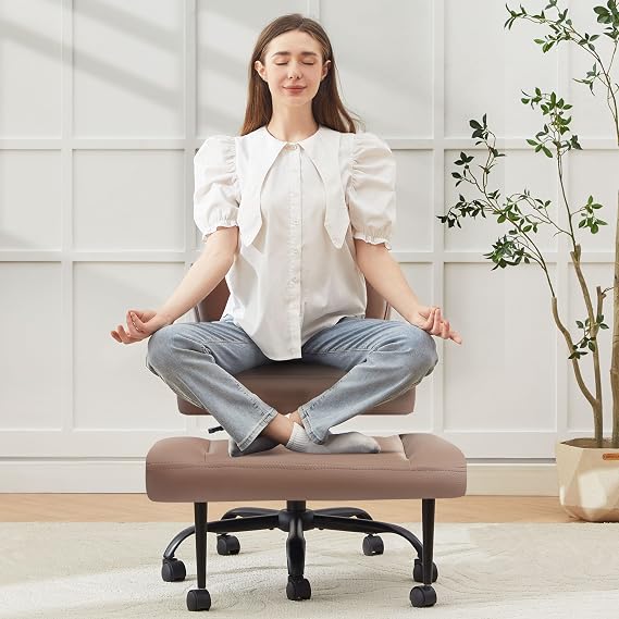 Criss Cross Legged Office Chair with Wheels,Swivel Meditation Chair for ADHD,Ergonomic Cross Legged Desk Chair with Thicken Adjustable Footstool,PU Sitting Fidgeting Kneeling Chair for Home Yoga Brown