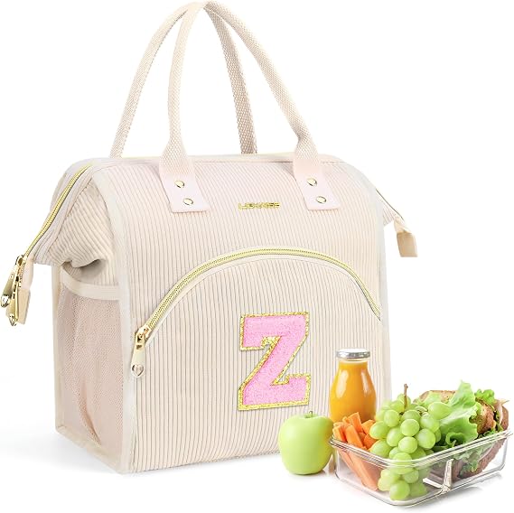 Personalized Lunch Box for Women, Preppy Reusable Insulated Initials Lunch Bag Gift for Friend Large Wide-Open Water Resistant Adult Cooler Tote Bag for Work, Travel, Picnic Beige Z
