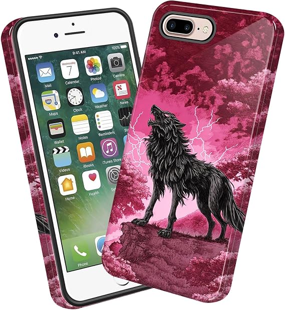 for iPhone 8 Plus Case,Heavy Duty Dual Layer Hard PC & Soft Silicone Rugged Bumper Shockproof Protective Case for iPhone 8 Plus,Black Wolf Howling