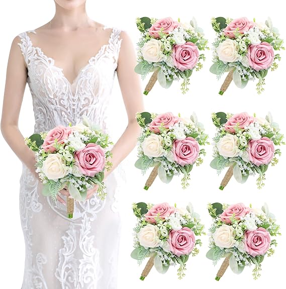 Pink Bridesmaids Bouquets Set of 6 - 7 Inch Artificial Flowers Bridesmaid Bouquet for Wedding Pre-Made Rustic Rose Small Floral Bouquets for Bridal Shower Marriage Proposal Party Anniversary Decor
