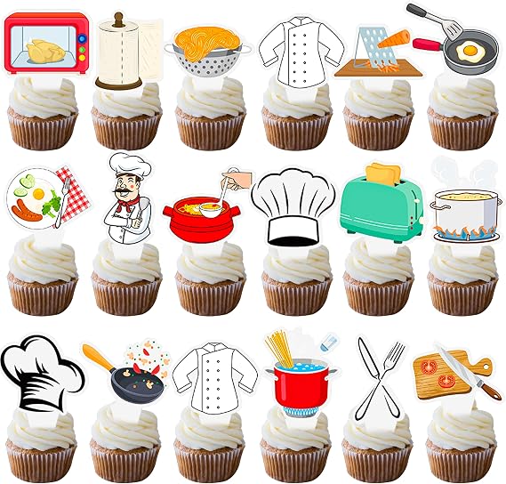 48Pcs Chef Cupcake Toppers Cooker Masterchef Birthday Party Decorations Cook Theme Party Cake Cupcake Topper Decorations for Cooking Baking BBQ Kitchen Theme Party Baby Shower Supplies