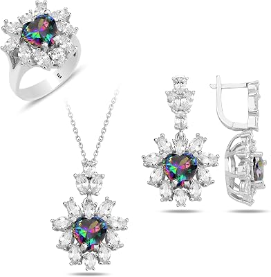 Luxurious Heart Cut Mystic Topaz & CZ Silver Jewelry Set Handmade Turkish Necklace, Ring & Earrings, Unique Gift for Women