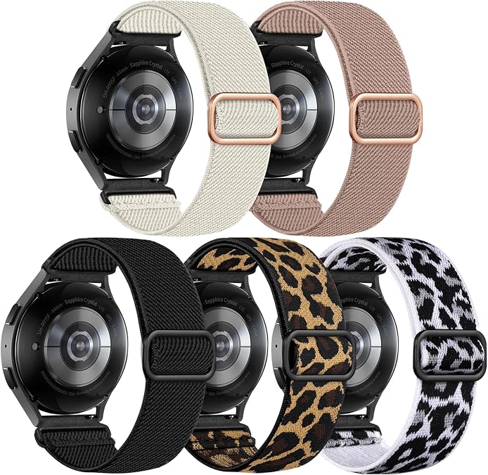 Lerobo 5 Pack Stretchy Bands Compatible with Samsung Galaxy Watch 7 6 5 4 FE Band 40mm 44mm 45mm/Watch 6 4 Classic 4 42mm 46mm 43mm 47mm/Active 2,20mm Soft Nylon Solo Loop Band Elastic Strap