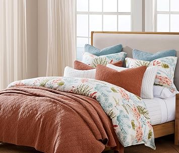 Hiend Accents Oceania Coastal Bedding 3 Piece Super Queen Duvet Cover Set, Blue Green White Red Coral Print Linen Blend Bedding Set, Classic Chic Casual Bed Set, 1 Comforter Cover and 2 Pillow Shams
