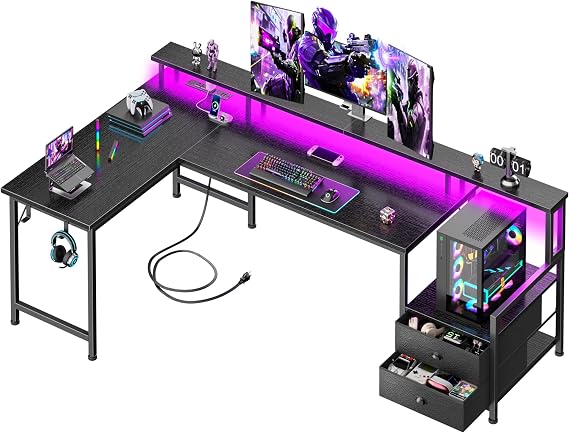 Korfile 66'' L Shaped Gaming Desk with Storage Drawers, Power Outlets, LED
