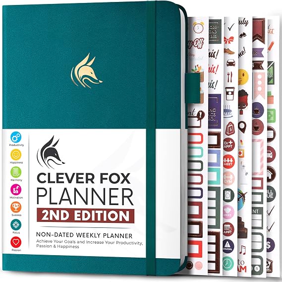 Clever Fox Planner 2.0, A5 Undated Weekly & Monthly Notebook, Dark Teal