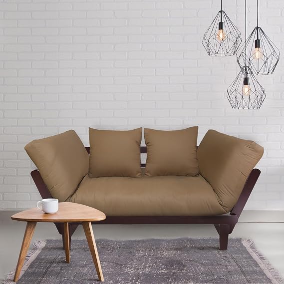 Casual Lounger Convertible Sofa Bed Frame and Cushion Set with Two Pillows, Espresso Frame Tan Cushion