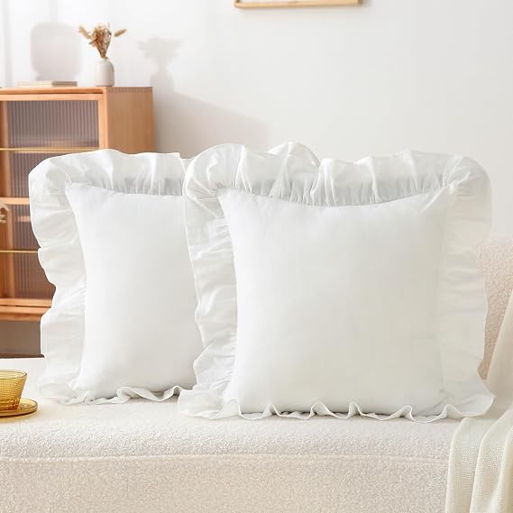 Ruffle Throw Pillow Covers 18x18, Off White Cotton, Set of 2