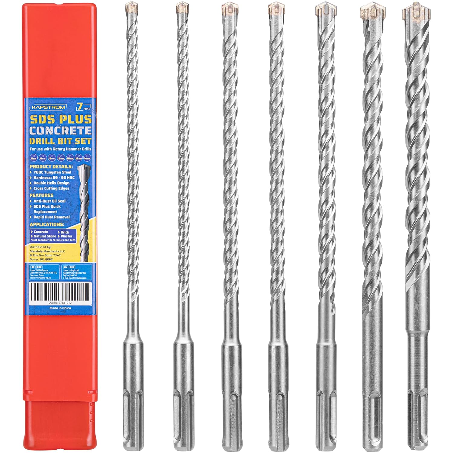 7-Pc SDS Plus Carbide Drill Bit Set 68101214mm for Rotary Hammers & Impact Drills, Tungsten Tipped Drill Bits for Concrete, Masonry, Brick & Natural Stone