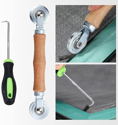 Screen Repair Kit Screen Roller Tool with Bearing Spline Roller with Wooden Handle and Puller Hook for Replacing Installing Door Screens Window