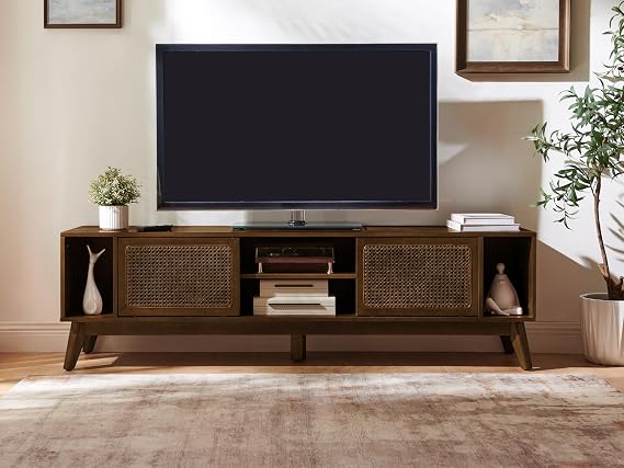 LKTART 68 Inch Mid Century Modern TV Stands with Rattan Doors,MCM Entertainment Center Media Console for 60/65/70/75 inch TVS,Long Boho Television Stand for Living Room, Dark Walnut