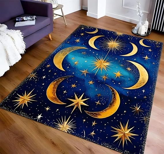 Navy Blue and Gold Celestial Area Rug, 140x200cm Mystic Crescent Moon and Stars Carpet for Living Room Bedroom Lounge, Soft Washable Non-Slip Boho Floor Mat Decor for Game Room Bedroom Bedside