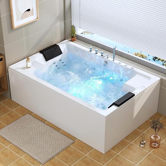 71 x 47-Inch Two-Person Whirlpool Bathtub - 30 Jets | LUTHBAXE Jetted Massage Tub - 18 Water Jets, 12 Air Jets, 100-Gallon Capacity, Chromatherapy and ETL Certification