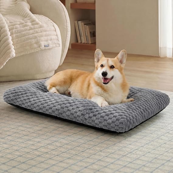 Bedsure Washable Dog Bed for Crate Large Sized Dog, Soft Bubble Fleece, 35" | Fluffy and Cozy Pet Mat for Deep Sleep,Non-Slip and Machine Washable Kennel Pad for Crate/Floor/Car,35"x23"x3.5",Grey