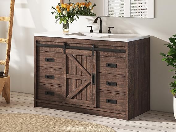LUXOAK 48'' Farmhouse Freestanding Bathroom Vanity Cabinet with Sink, Brown