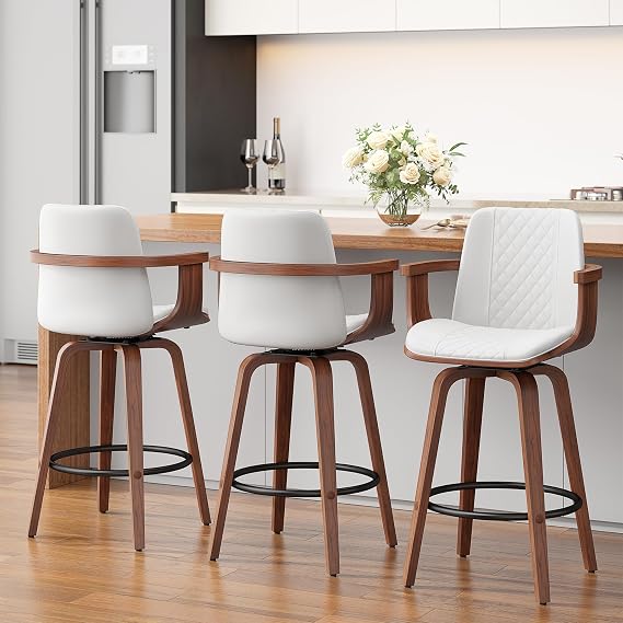 YaFiti Bar Stools Set of 3, 26" Bentwood Counter Stools with Arms, White | Swivel, Armrests, PU Leather, Bentwood Legs, Ergonomic Back, Padded Seat, Mid-Century Modern, Footrest, for Kitchen Island