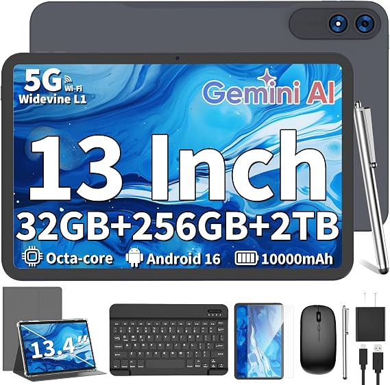 キーボード付き13インチタブレット、ジェミニAI搭載Android 16タブレットシルバーケース
