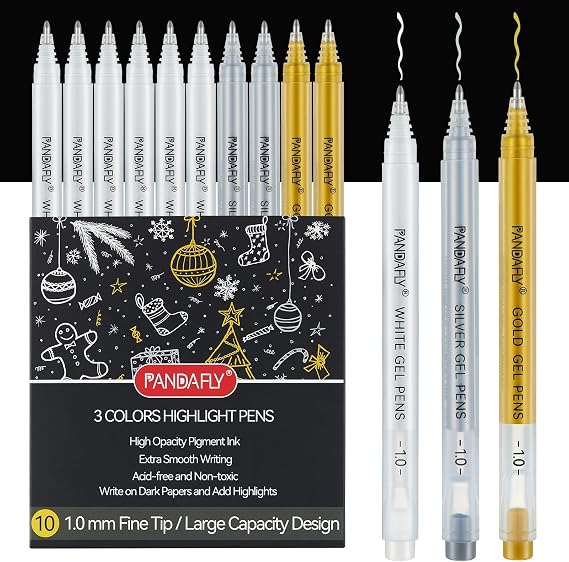 PANDAFLY Gold Silver White Gel Pens, 10-Pack, 1.0mm Fine Point Gel Ink Pens