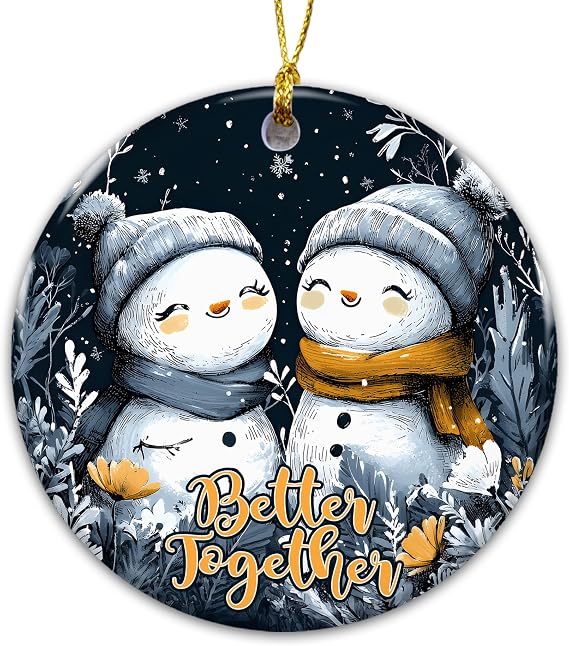 Better Together Snowman Christmas Ornament 2025 Cute Snow Couple Ceramic Keepsake, Winter Holiday Tree Decoration, Romantic Couples Gift, Rustic Farmhouse Christmas Decor