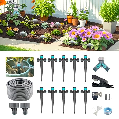 Drip Irrigation System, Automatic Drip Irrigation Kit for Potted Plants, 33ft Quick Connector Garden Watering System with 6mm Irrigation Tubing Hose Adjustable Emitters