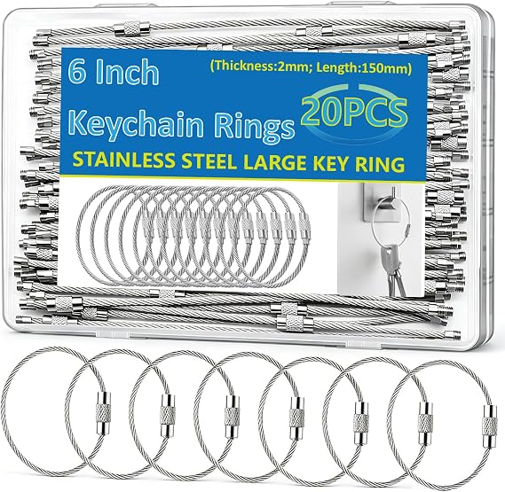 20 Pack Key Chain 6 inch Keychain Rings 2mm Stainless Steel Large Key Ring for Key Tags,Keyrings, Luggage Tags,ID Tag Keepers,Car Keys Wire Keychain Cable Packed in Box